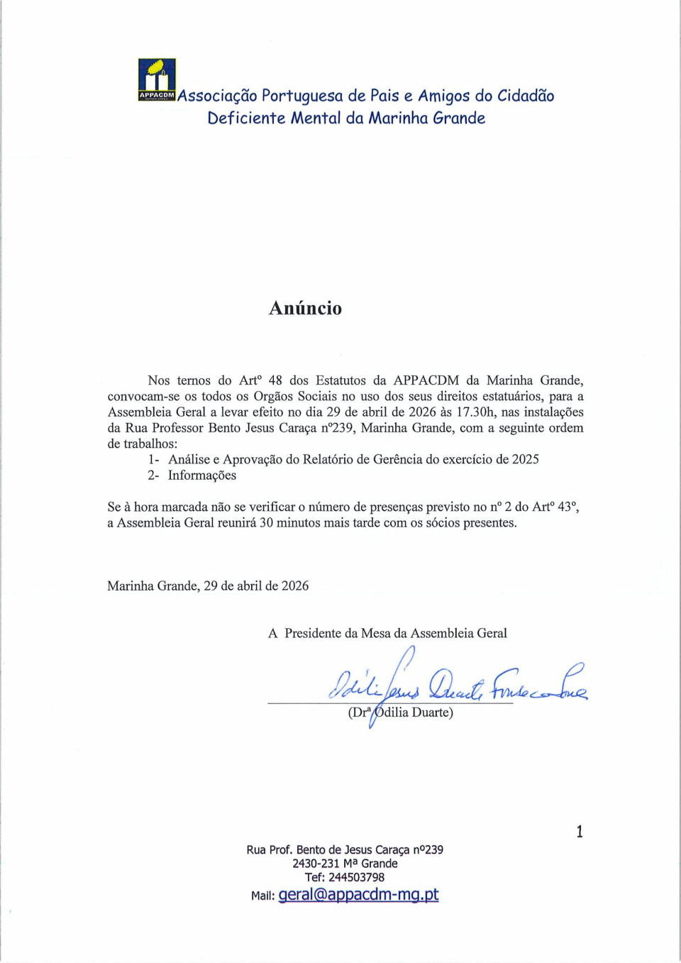 Informação de Assembleia!